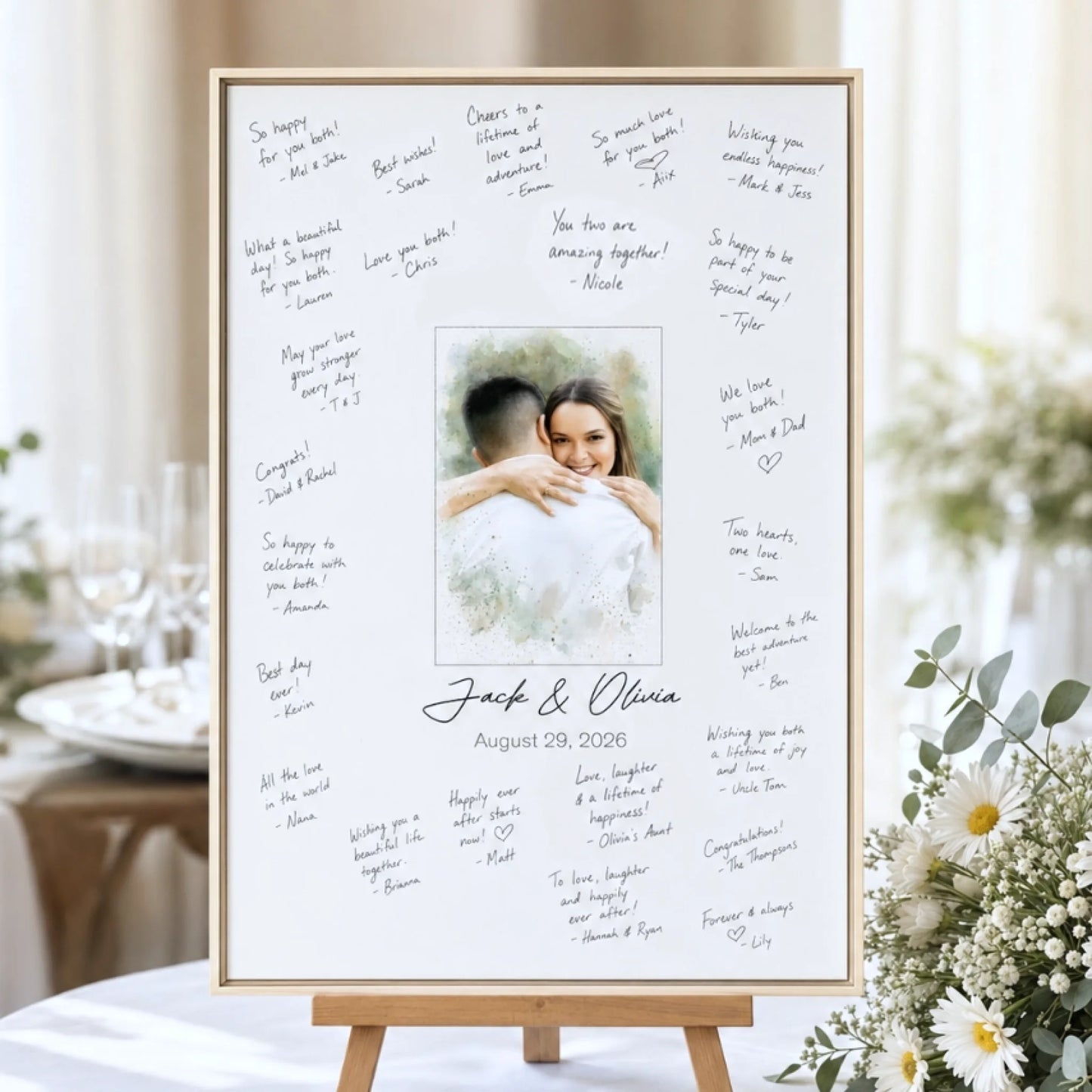 Watercolor Style Portrait Canvas Wedding Guest Book Message Board Closeup