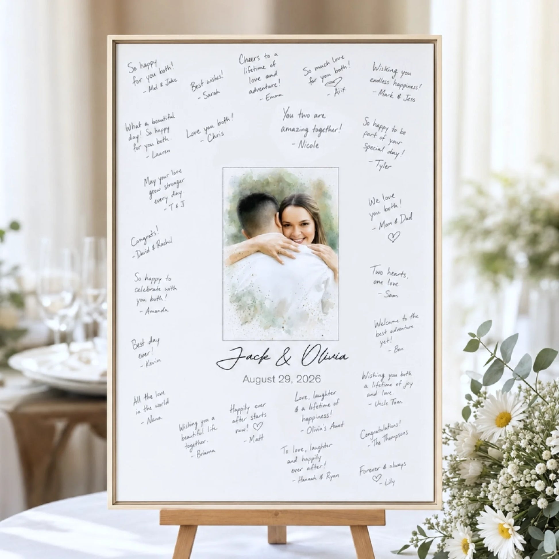 Watercolor Style Portrait Canvas Wedding Guest Book Message Board Closeup