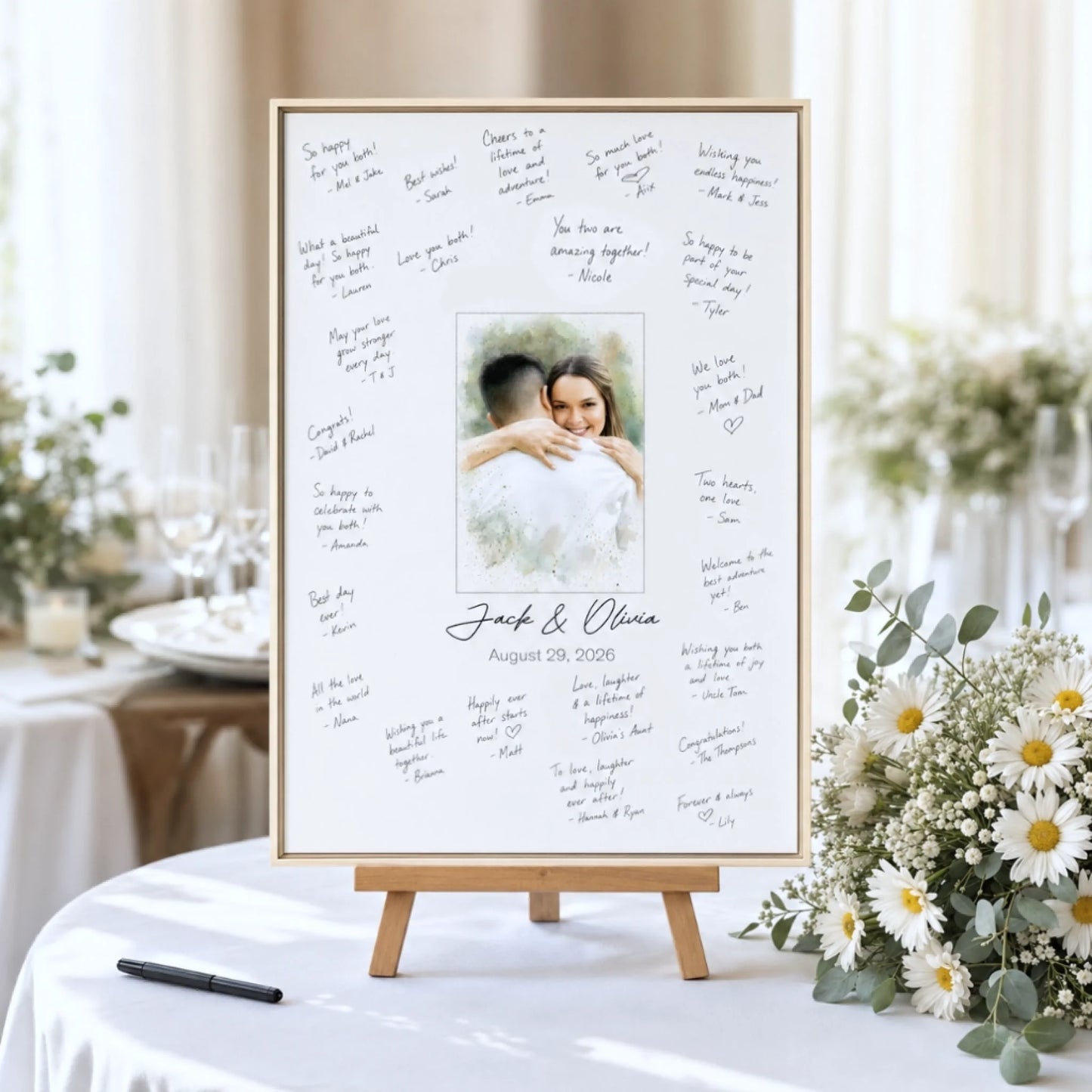 Watercolor Style Portrait Canvas Wedding Guest Book Message Board