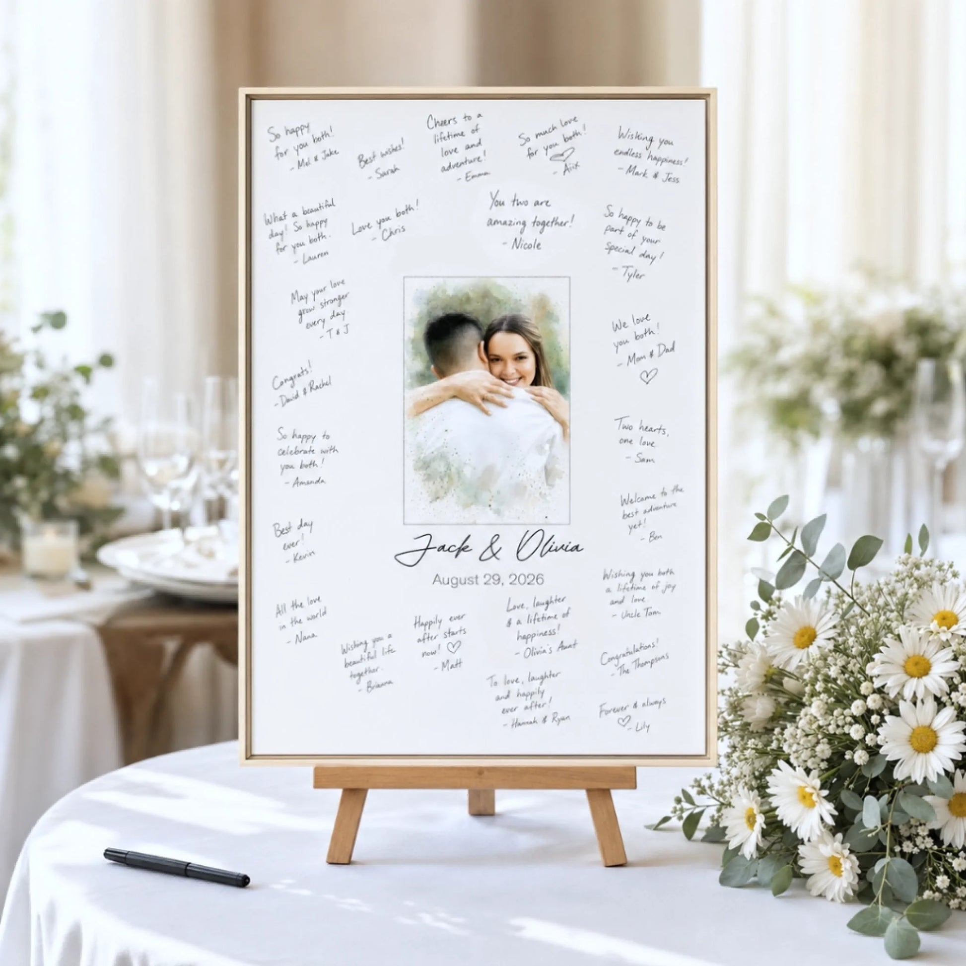 Watercolor Style Portrait Canvas Wedding Guest Book Message Board