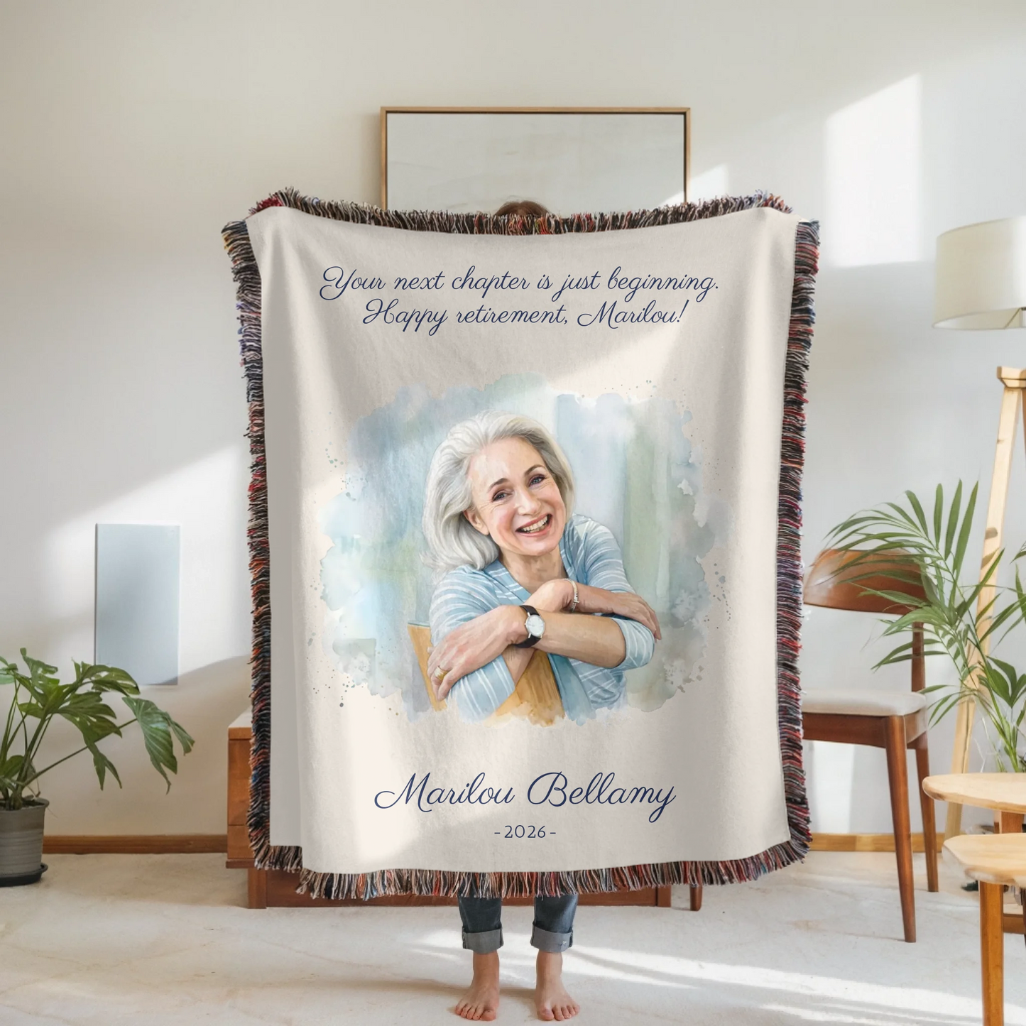 Woven Blanket Woman Holding for use as mockup within TeeinBlue-Background