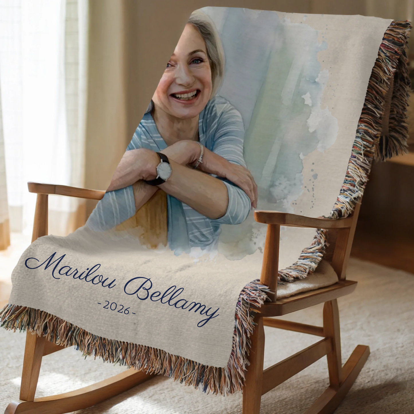 Retirement Watercolor Portrait or Photo Blanket - Upload Your Photo, Add Message, Name & Date - Personalized
