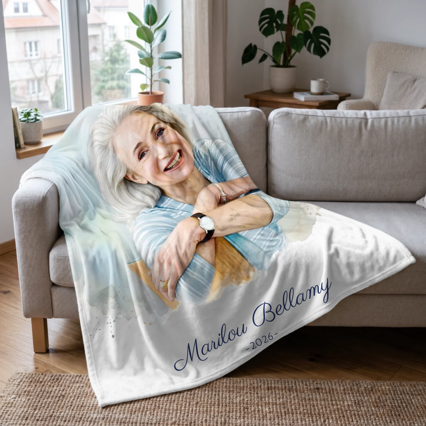 Retirement Watercolor Portrait or Photo Blanket - Upload Your Photo, Add Message, Name & Date - Personalized