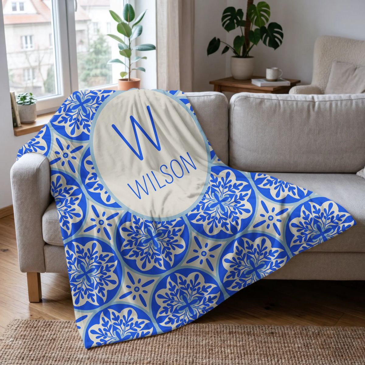 Mediterranean Tile Monogram Blanket - Blue & Sand Chinoiserie/Toile Pattern - Add Initial & Name - Personalized