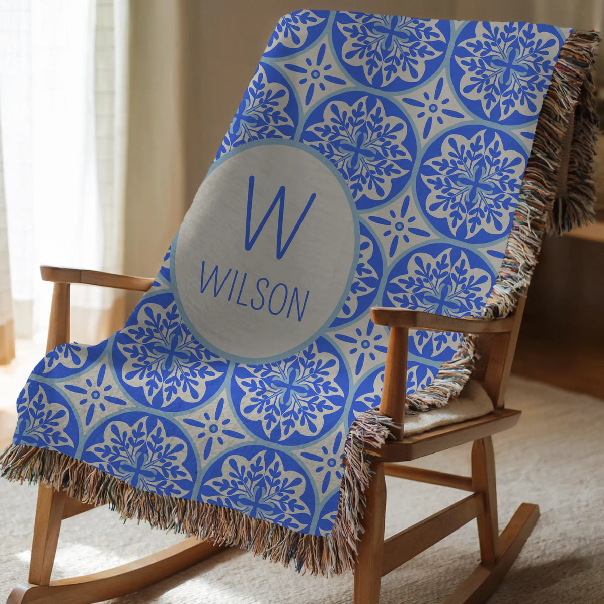 Mediterranean Tile Monogram Blanket - Blue & Sand Chinoiserie/Toile Pattern - Add Initial & Name - Personalized