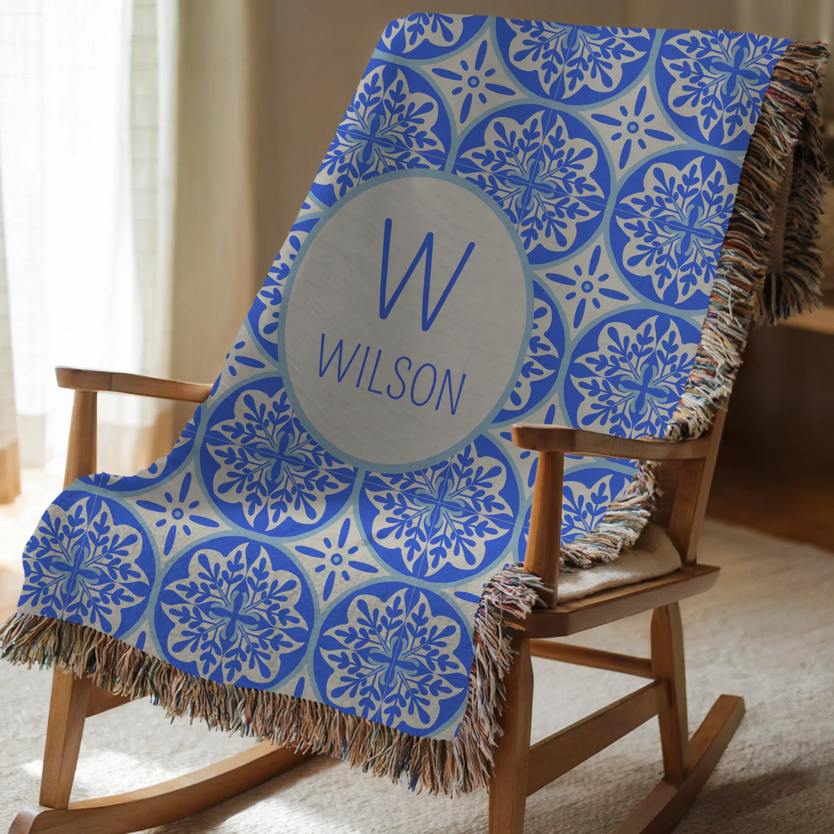 Mediterranean Tile Monogram Blanket - Blue & Sand Chinoiserie/Toile Pattern - Add Initial & Name - Personalized