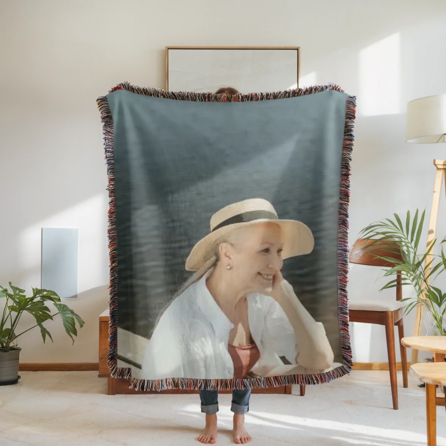Woven Blanket Woman Holding for use as mockup within TeeinBlue-Background