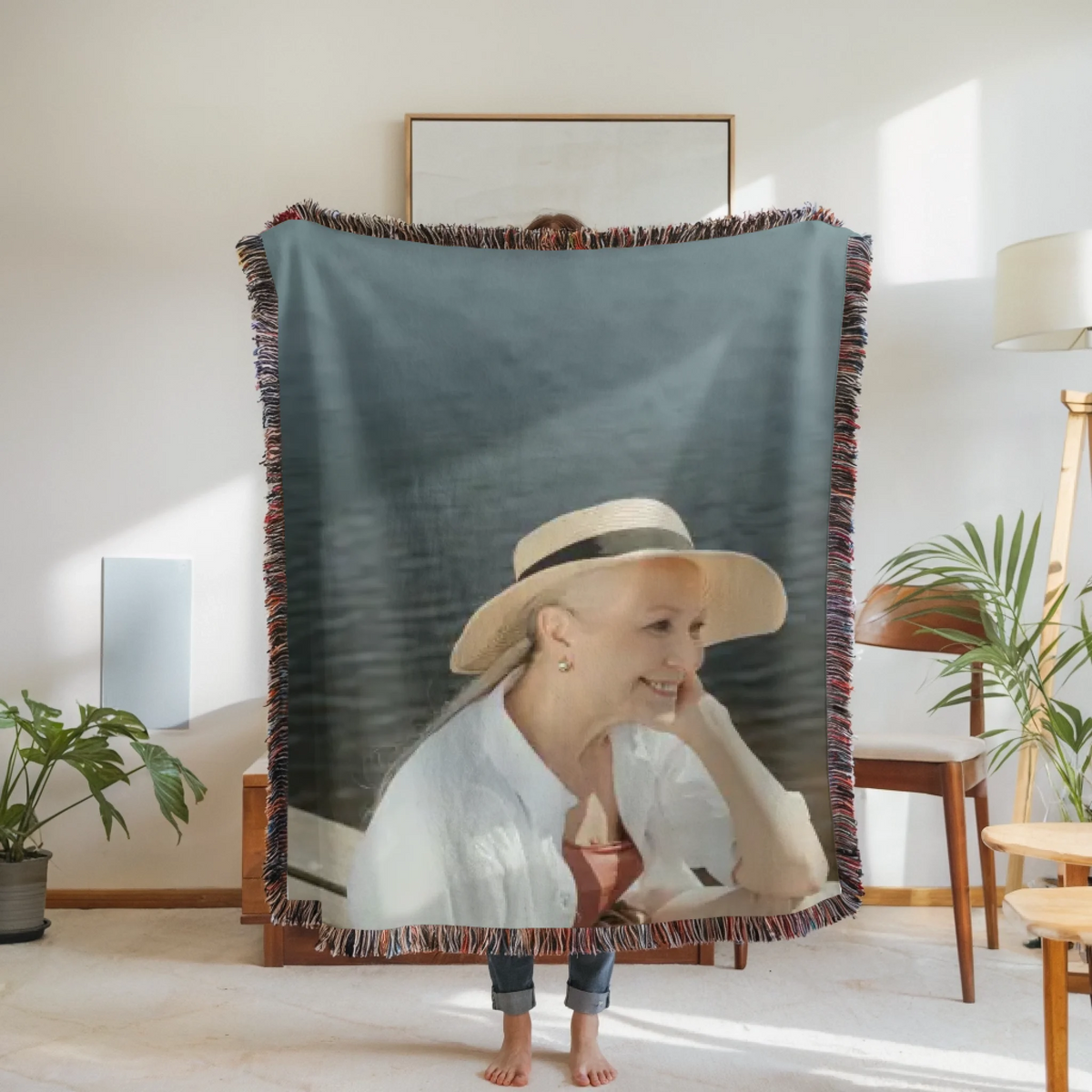 Woven Blanket Woman Holding for use as mockup within TeeinBlue-Background