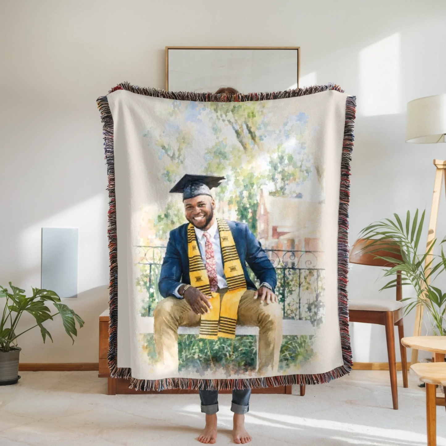 Woven Blanket Woman Holding for use as mockup within TeeinBlue-Background