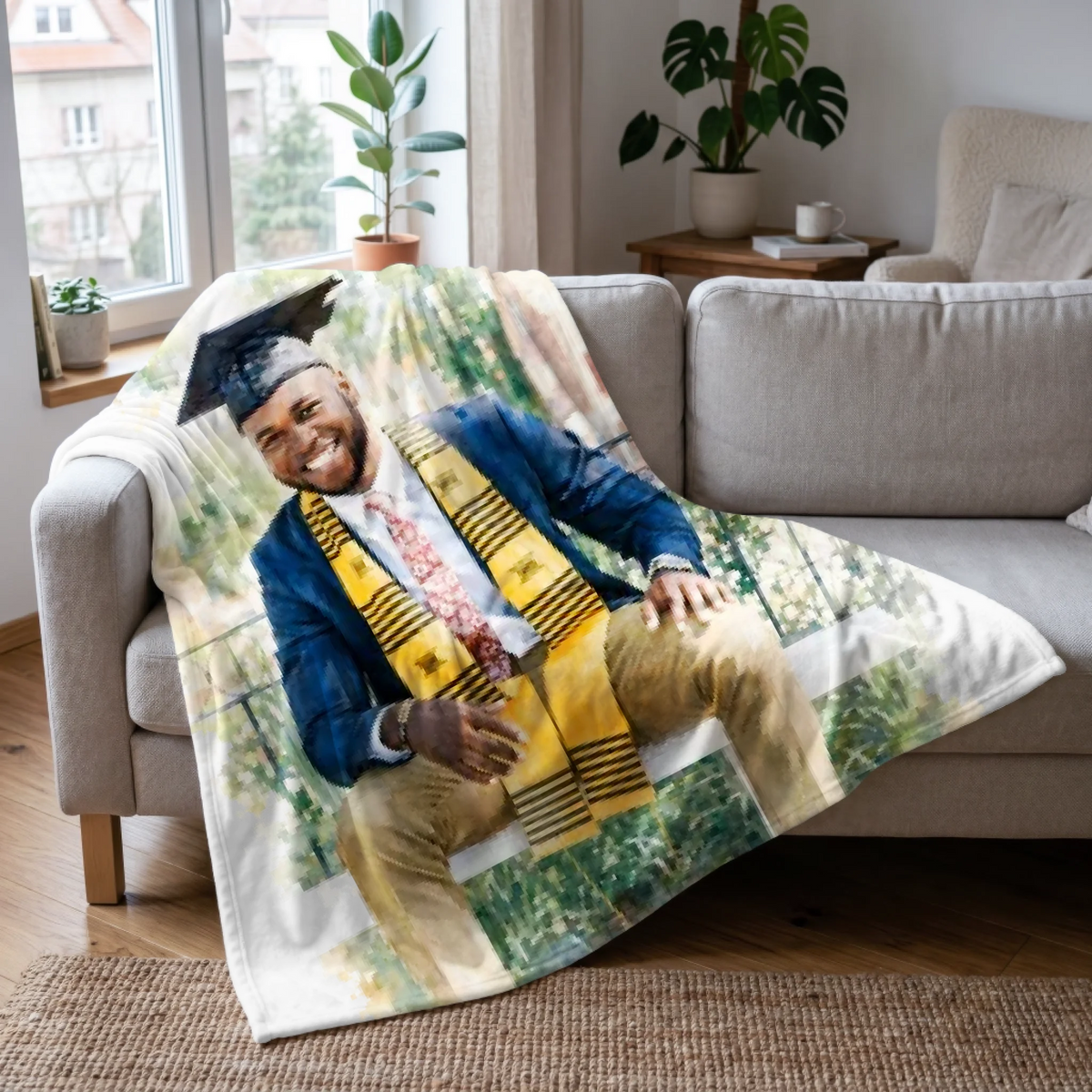 Graduation Watercolor Portrait or Photo Blanket - Upload Your Photo, Add Message, Name & Date - Personalized