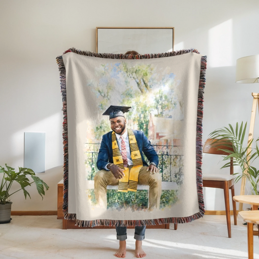 Woven Blanket Woman Holding for use as mockup within TeeinBlue-Background