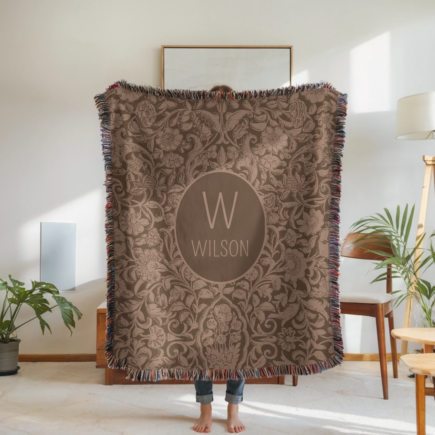 Woven Blanket Woman Holding for use as mockup within TeeinBlue-Background