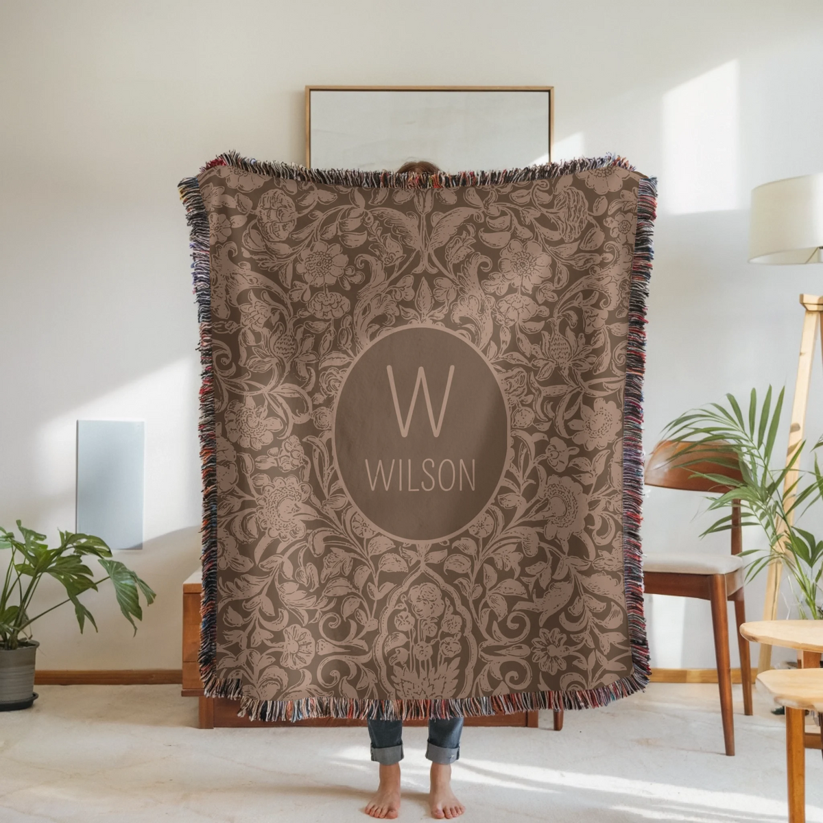 Woven Blanket Woman Holding for use as mockup within TeeinBlue-Background