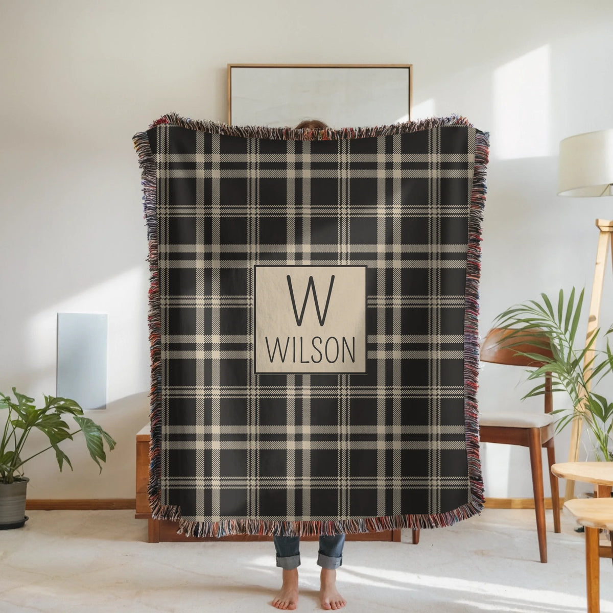 Woven Blanket Woman Holding for use as mockup within TeeinBlue-Background