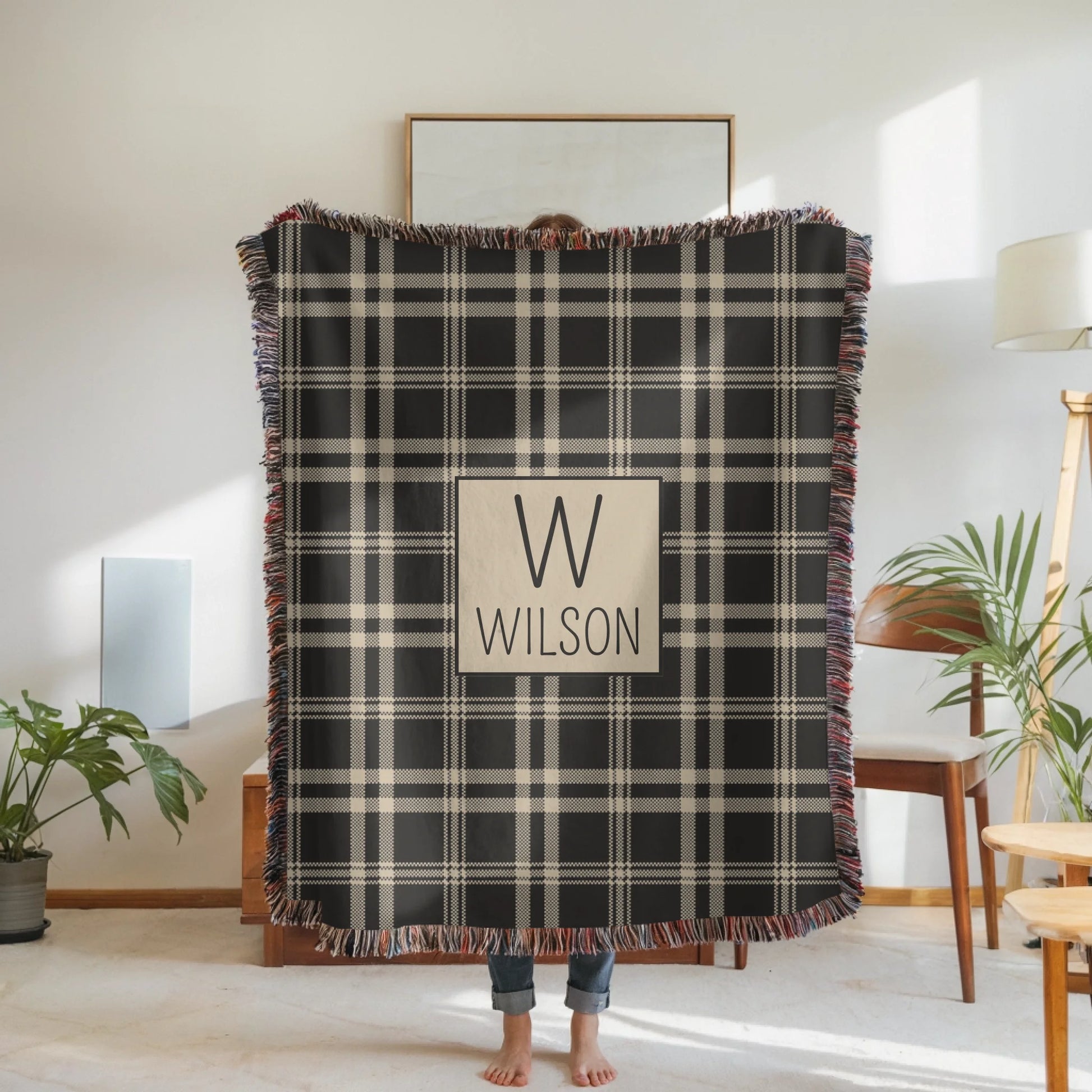 Woven Blanket Woman Holding for use as mockup within TeeinBlue-Background