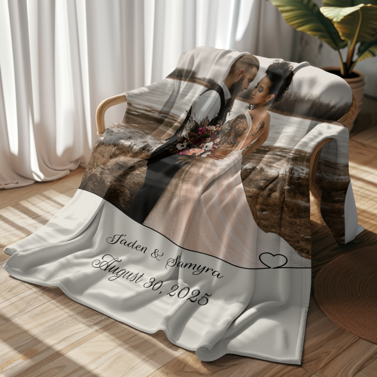 Wedding Photo and Date Heart Border Custom Personalized Velveteen Plush Blanket