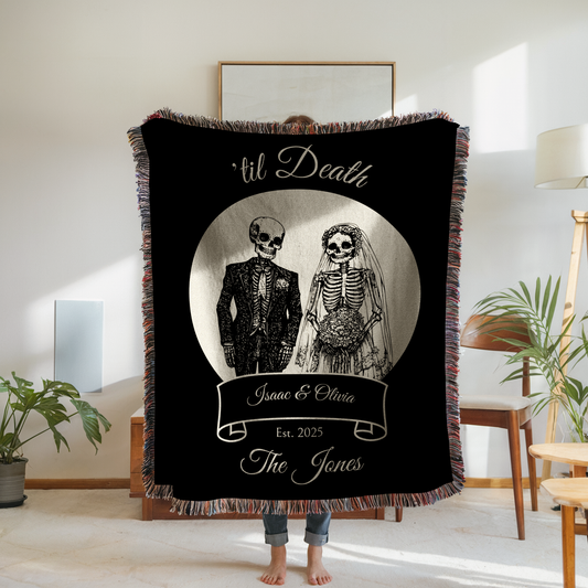 Til Death Skeleton Wedding Couple Personalized Custom Woven Blanket