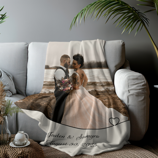 Wedding Photo and Date Heart Border Custom Personalized Velveteen Plush Blanket