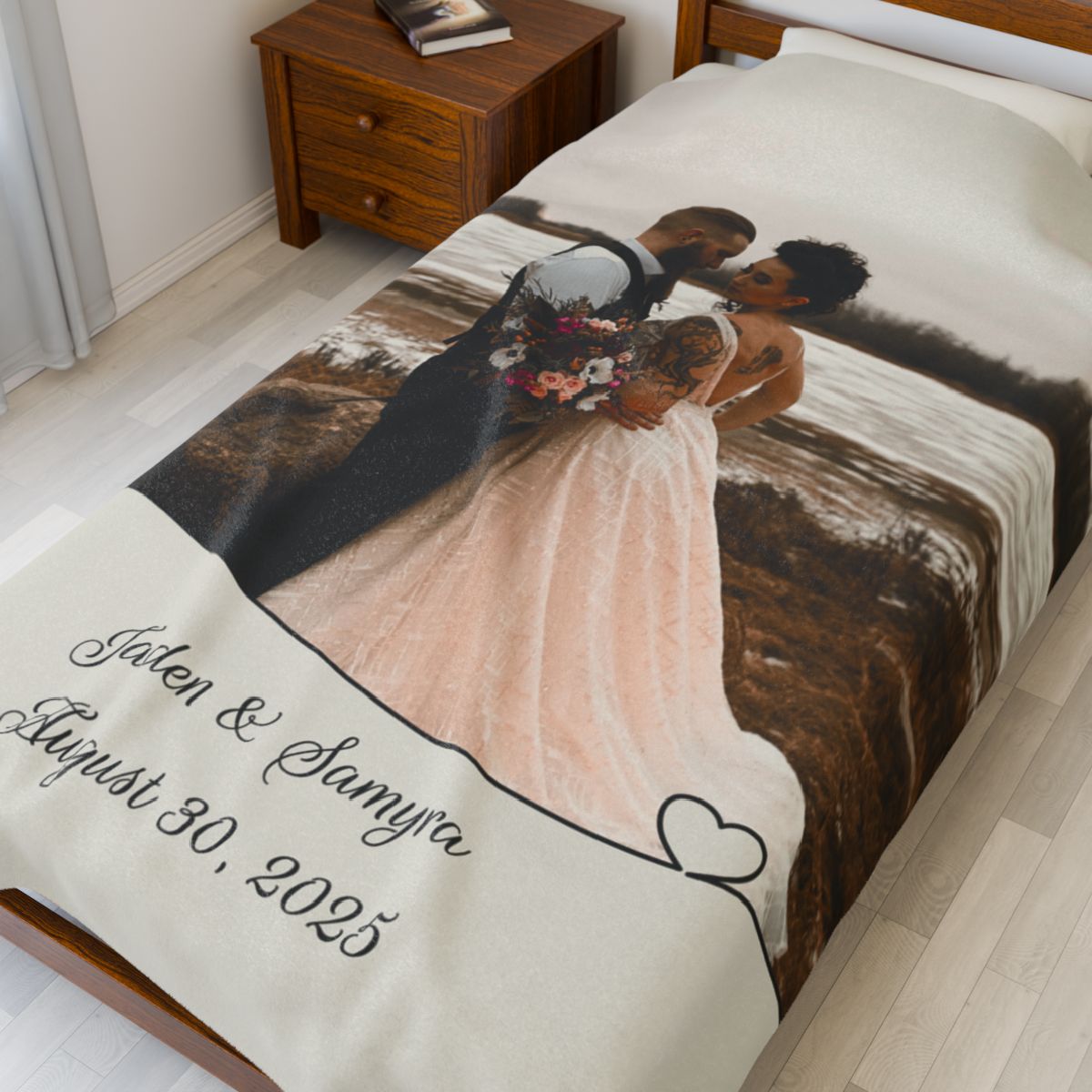 Wedding Photo and Date Heart Border Custom Personalized Velveteen Plush Blanket