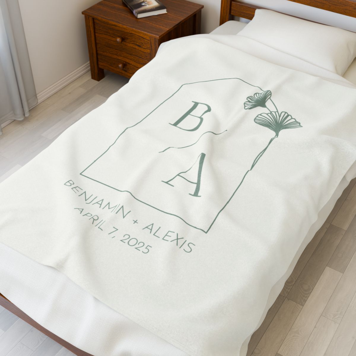 Custom Personalized Ginkgo Leaves Minimal Wedding or Anniversary Velveteen Plush Blanket