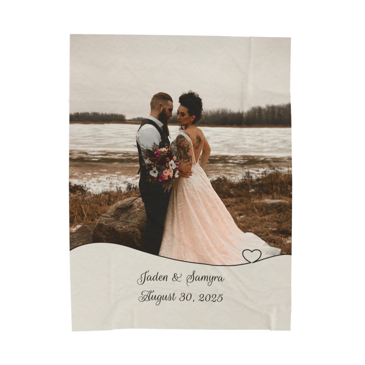 Wedding Photo and Date Heart Border Custom Personalized Velveteen Plush Blanket